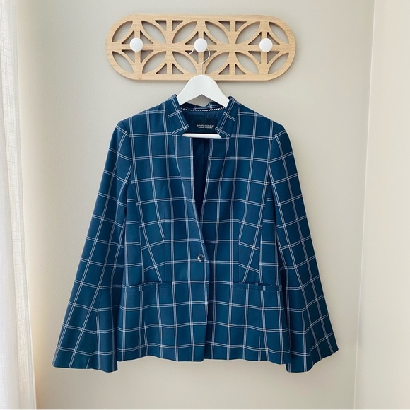 Banana Republic Windowpane Bell Sleeve One Button Blazer Jacket Navy Blu… - Picture 1 of 9